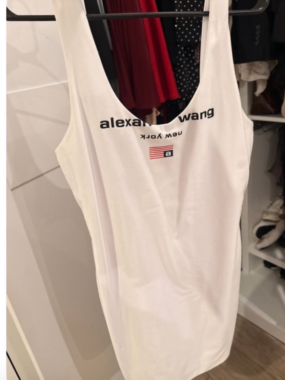 Alexander Wang White Logo Tank Dress with Black Drawcord